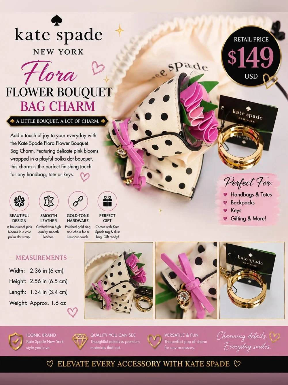 Kate Spade ♠️ Flora bouquet 💐 Polka Dot Flower bag charm NWT